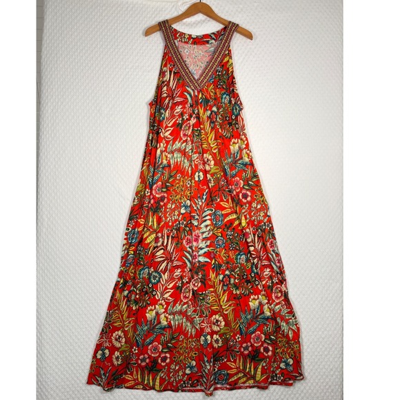 Soft Surroundings Dresses & Skirts - Soft Surroundings Red Floral Embroidered V-Neck Maxi Dress Pockets 1X 5EF18